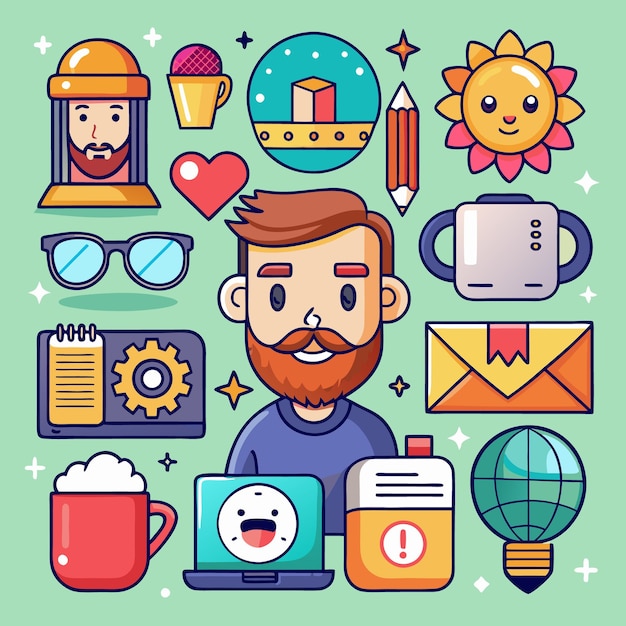 Vector colorful cartoon icons digital communication business and technology