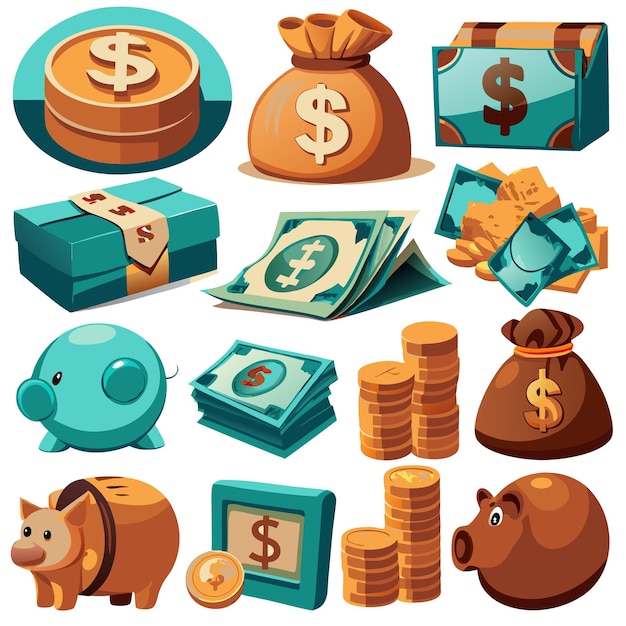 Colorful cartoon icons representing money in various forms