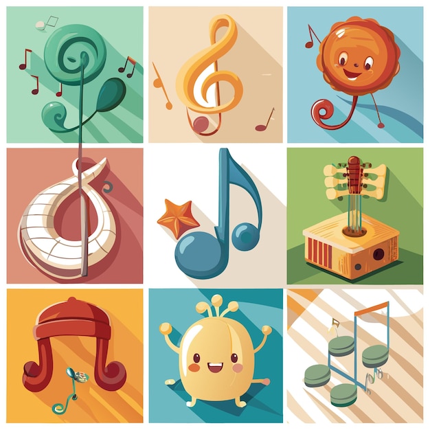 Vector colorful cartoon icons representing musical notes instruments and objects