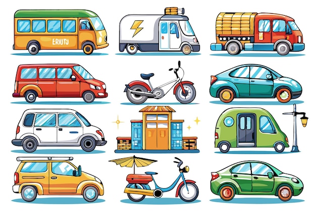 Vector colorful cartoon icons of various vehicles including a bus van truck car bike and camper