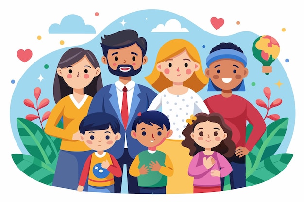 A colorful cartoon illustration depicting a diverse family of six celebrating International Day of Families International day of families Customizable Cartoon Illustration