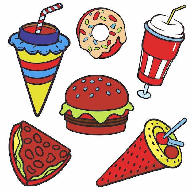 Vector colorful cartoon illustration of fast food items