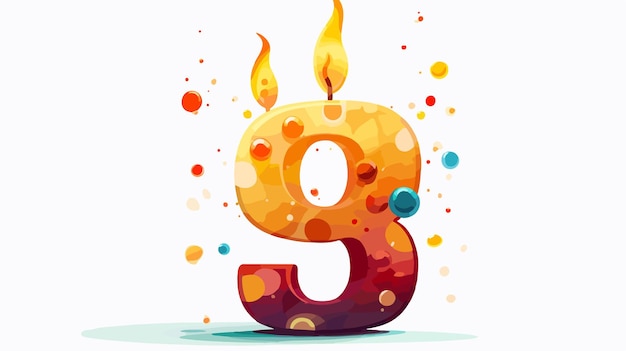 Colorful Cartoon Illustration of Number Nine with Birthday Candle on Top