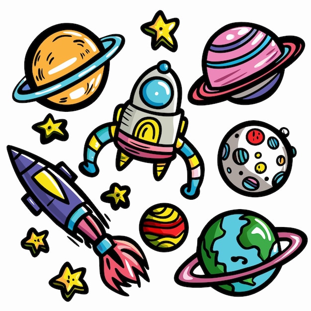 Vector colorful cartoon illustration of rockets and planets in space