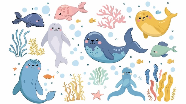 Vector colorful cartoon illustration of sea animals