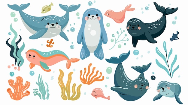 Vector colorful cartoon illustration of sea animals