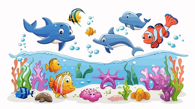 Vector colorful cartoon illustration of sea animals