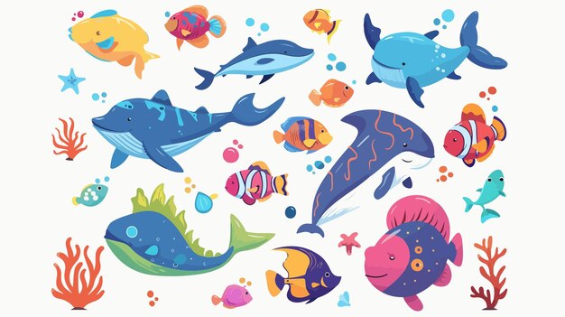 Vector colorful cartoon illustration of sea animals