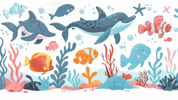 Vector colorful cartoon illustration of sea animals