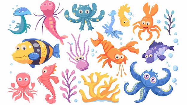 Vector colorful cartoon illustration of sea animals