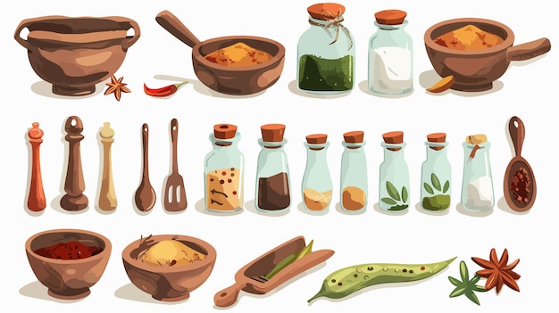 Vector colorful cartoon illustration of spices and kitchen utensils for cooking