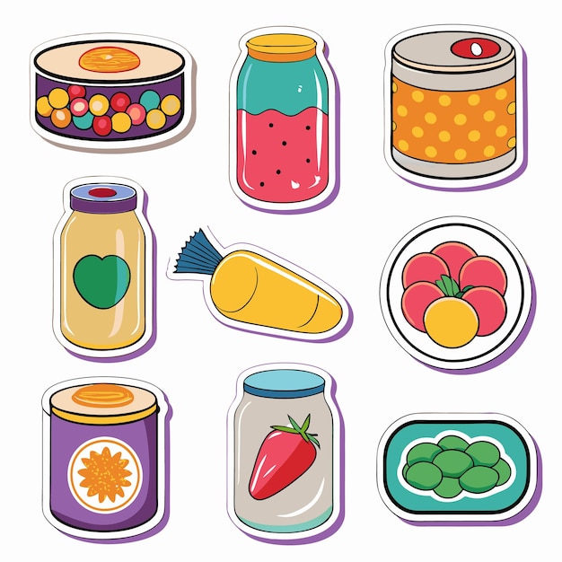 Vector colorful cartoon illustration of various canned and jarred food items