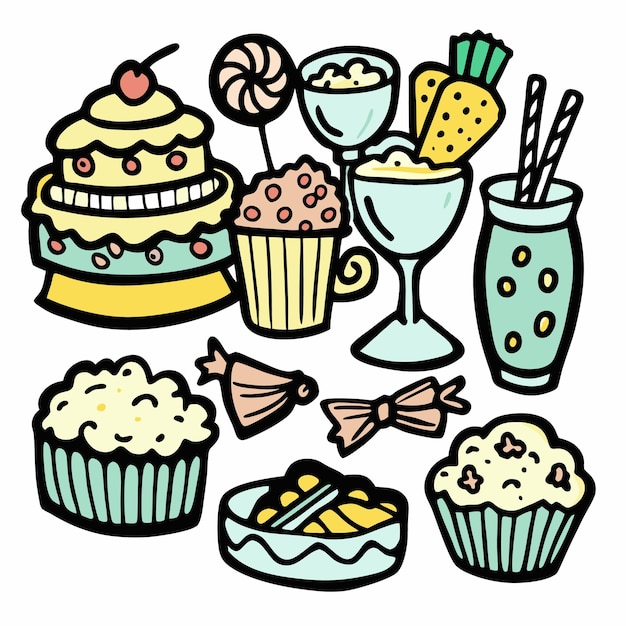 Vector colorful cartoon illustration of various sweet treats including cupcakes cake lollipops and desserts