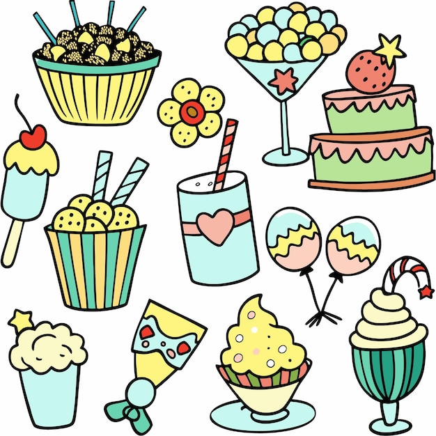 Colorful cartoon illustration of various sweet treats perfect for birthday or party celebrations