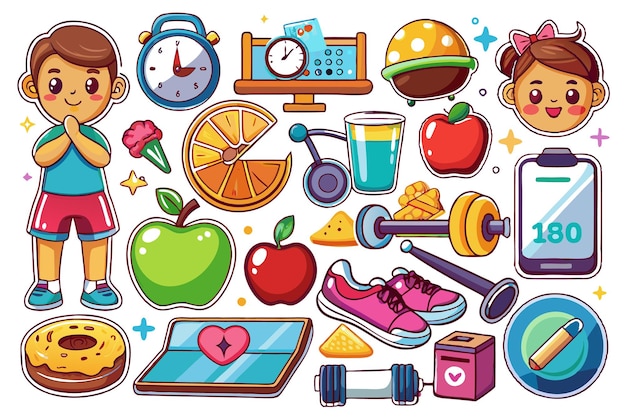 Colorful cartoon illustrations of kids food fitness and other objects