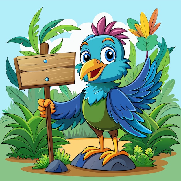 Vector a colorful cartoon image of a bird holding a wooden sign that says bird on it