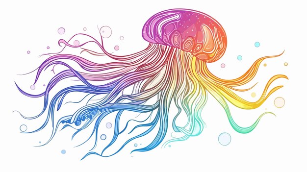 Colorful Cartoon Jellyfish Line Drawing on Rainbow Gradient Background