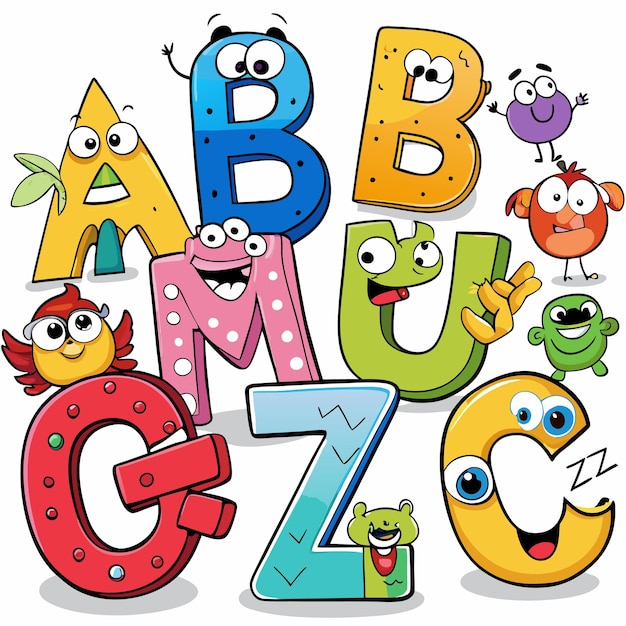 Vector colorful cartoon letters with funny faces and small animals