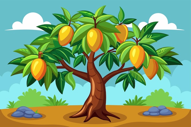 Vector a colorful cartoon mango tree laden with ripe mangoes stands under a bright sky with fluffy clouds mango tree customizable cartoon illustration