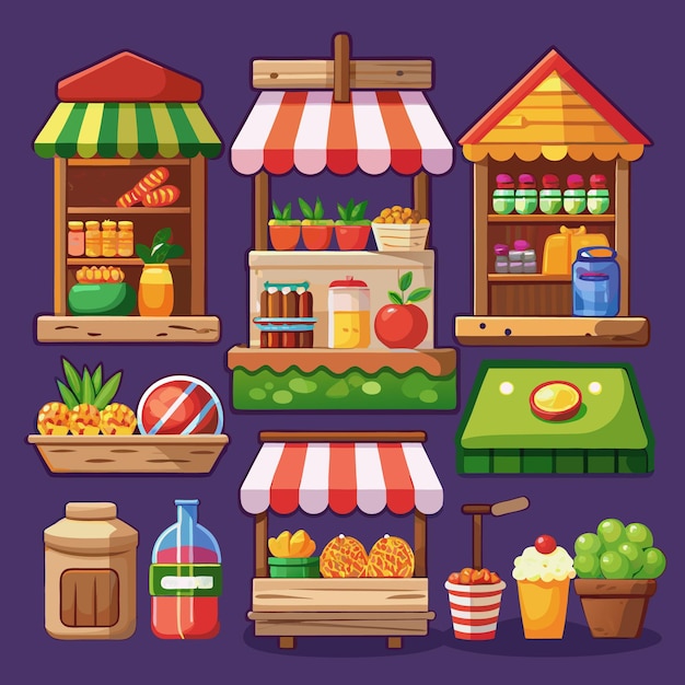 Vector colorful cartoon market stalls selling fruit drinks and snacks