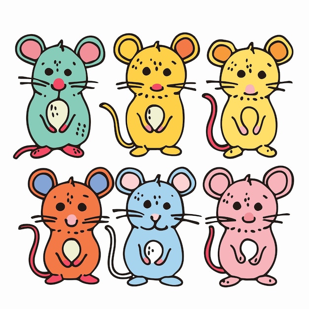 Colorful cartoon mice standing smiling six cute rodent characters illustrated Multicolored