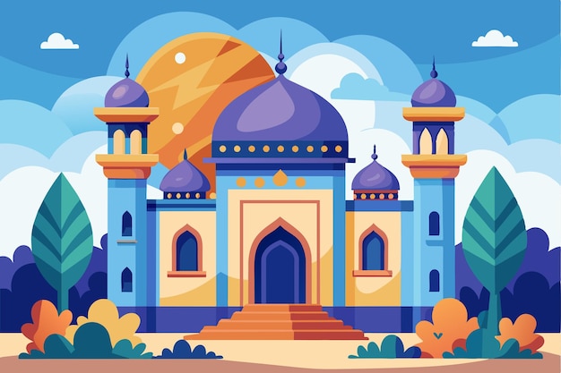 Vector a colorful cartoon mosque is set amidst stylized trees and a bright sky showcasing a serene atmosphere mosque online service customizable cartoon illustration