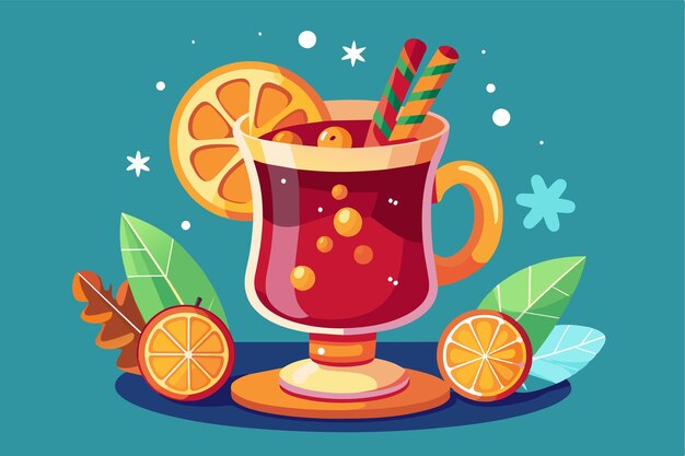 Vector a colorful cartoon of mulled wine with spices orange slices and fun straws ideal for the holidays mulled wine customizable cartoon illustration