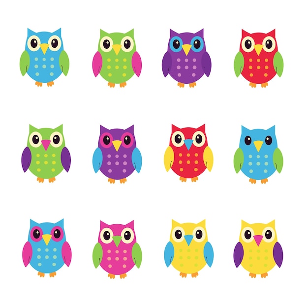 Colorful cartoon owls arranged in a grid pattern on a white background