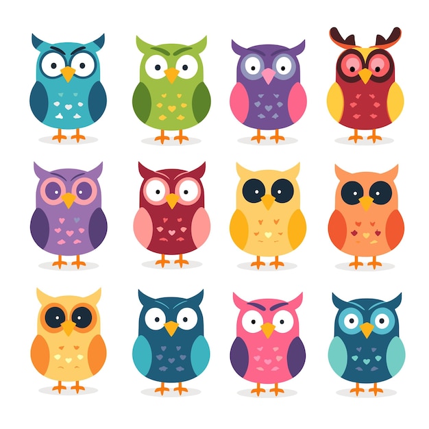 Colorful cartoon owls with distinct patterns and expressions