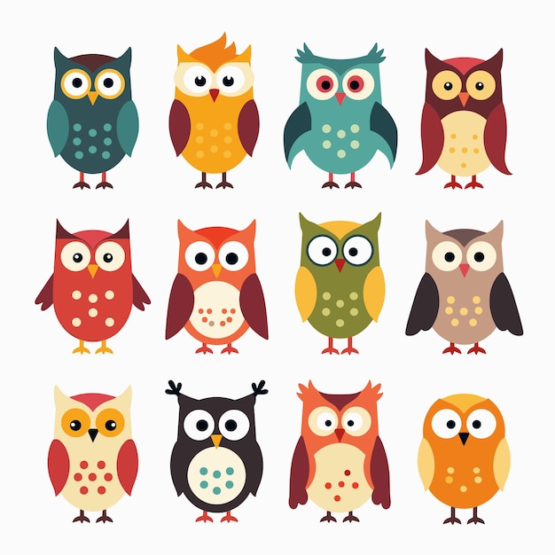 Colorful cartoon owls with various patterns and expressions on a white background