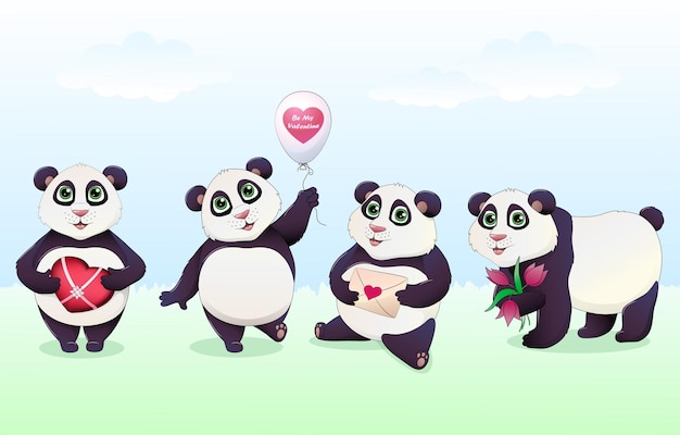 Colorful cartoon panda with different love gifts