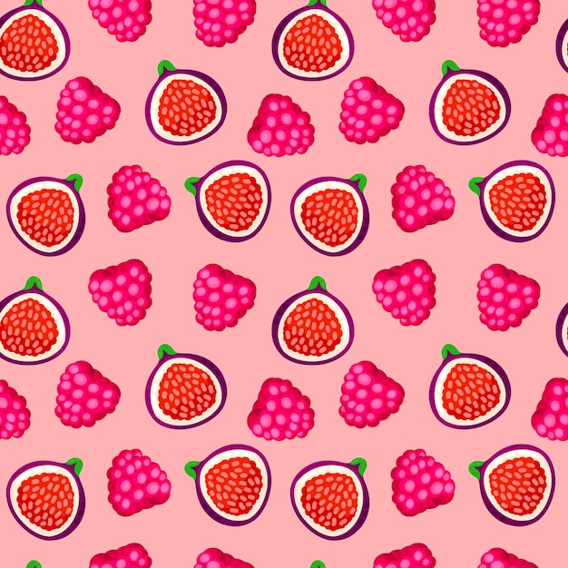 Colorful cartoon raspberry and figs fruit seamless pattern isolated on white background Doodle simple vector juicy food Juice packaging design Summer fabric print template