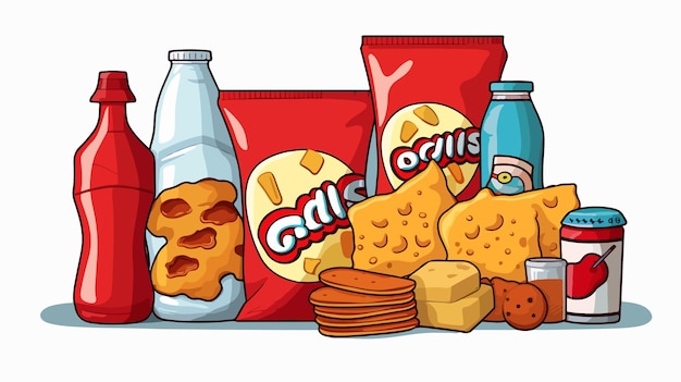 Vector colorful cartoon red snack packaging with various snacks spilling out