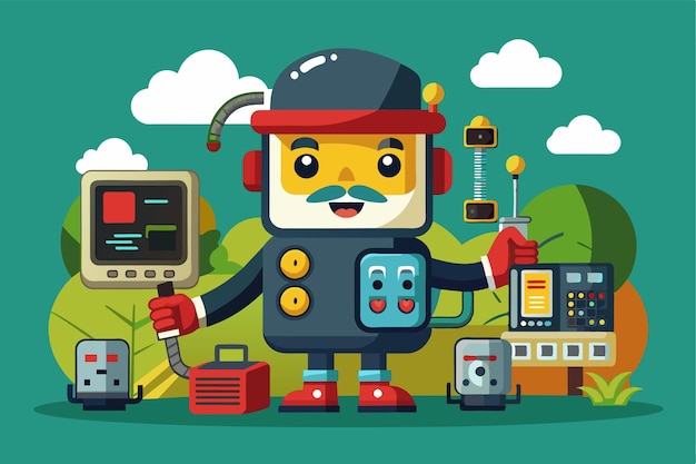 A colorful cartoon robot engages with various electronic devices in a lively green landscape Firmware Customizable Cartoon Illustration