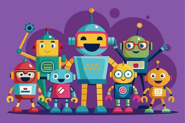 Colorful cartoon robots gather joyfully showcasing diverse designs and expressions in a playful atmosphere Vector illustration of a group of funny cartoon robots