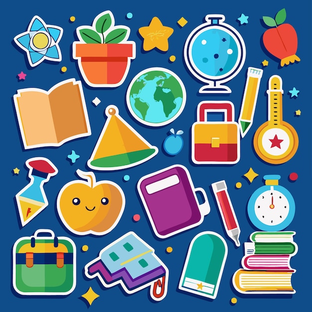 Colorful cartoon school supplies sticker set on blue background