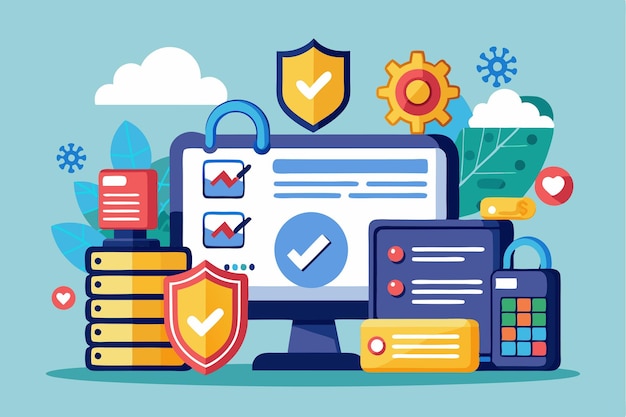 A colorful cartoon showing secure data management with customization options and various tech icons Secure data Customizable Cartoon Illustration