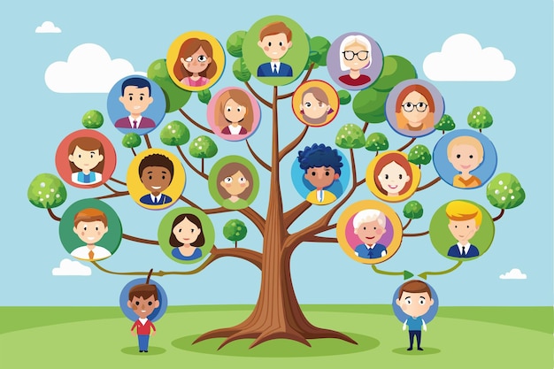 Vector a colorful cartoon social tree displays various characters in a bright cheerful outdoor environment social tree customizable cartoon illustration