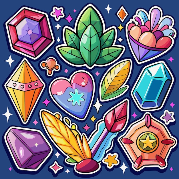 Colorful cartoon sticker set with crystals stars and leaves on dark blue background