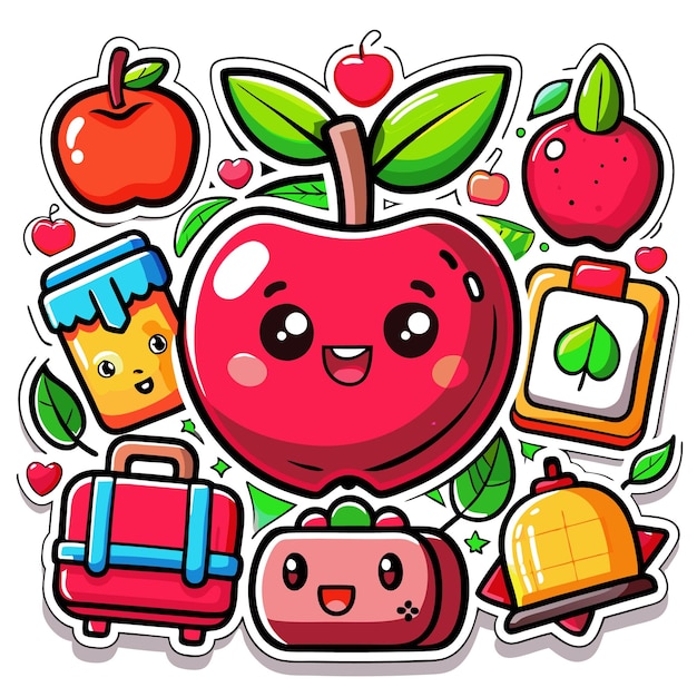 Colorful cartoon stickers featuring apples and related items