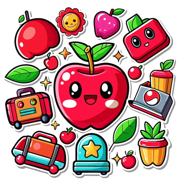 Vector colorful cartoon stickers featuring fruits bags and happy elements