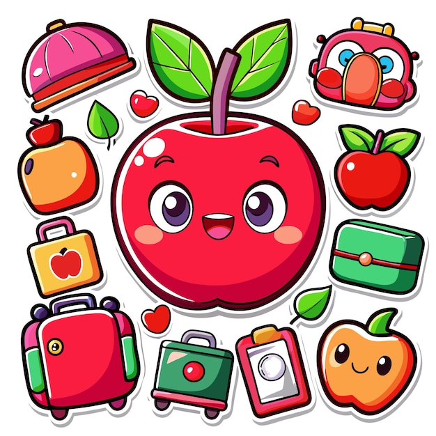 Colorful cartoon stickers featuring fruits and playful objects