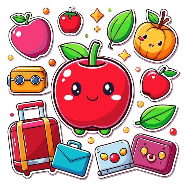 Colorful cartoon stickers featuring fruits and travel items