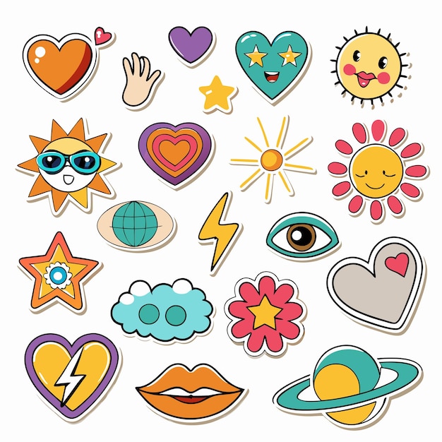 Vector colorful cartoon stickers hearts stars sun and more