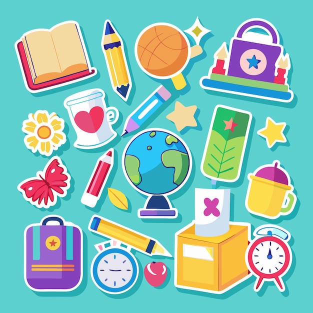 Colorful cartoon stickers of school supplies objects and nature elements