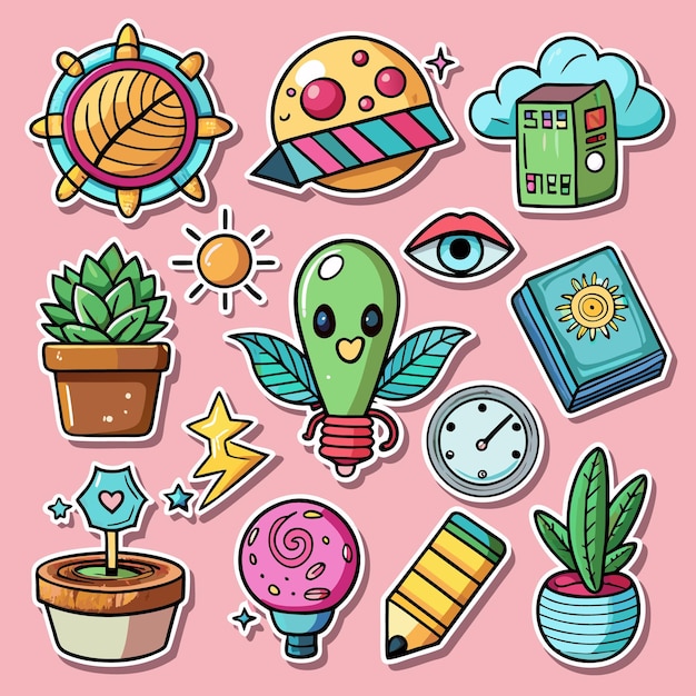 Vector colorful cartoon stickers of a variety of objects