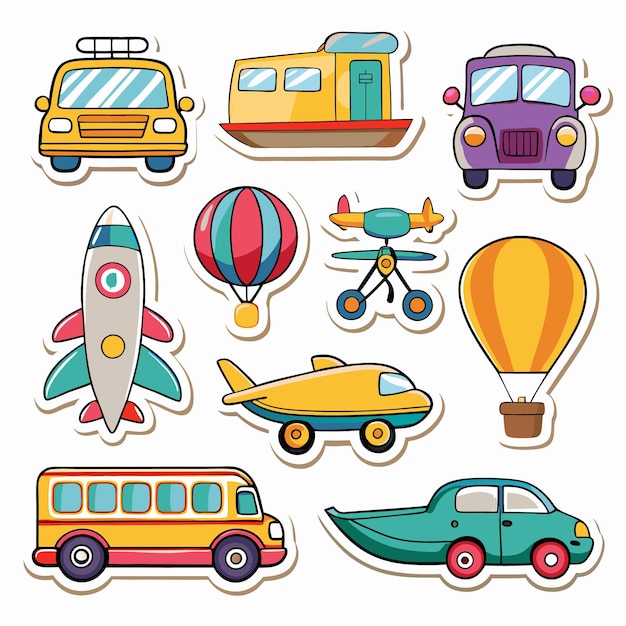 Colorful cartoon stickers of various vehicles like cars buses rockets hot air balloons and an airplane