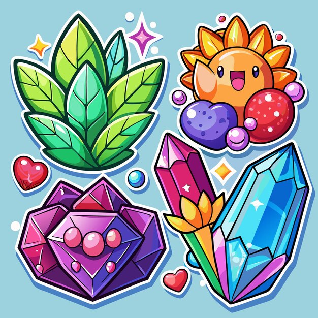 Vector colorful cartoon stickers with crystal sun leaves and hearts