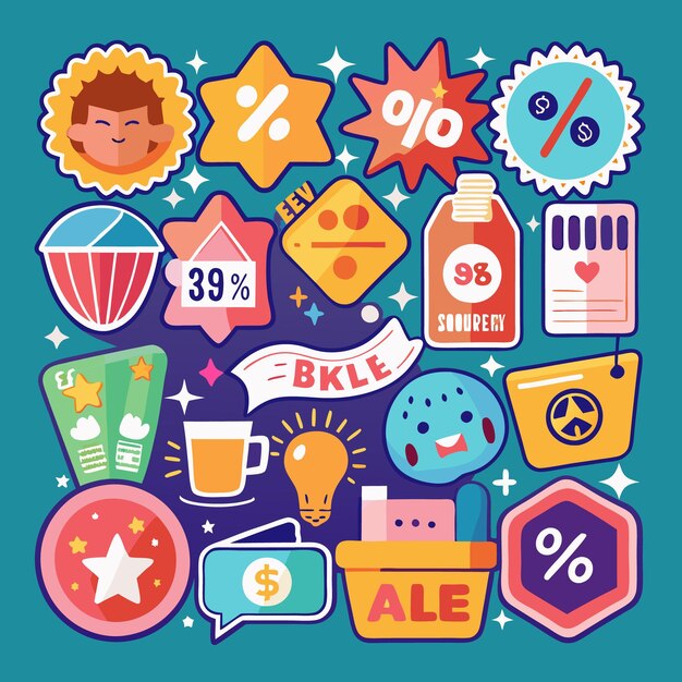 Vector colorful cartoon stickers with discounts stars and other symbols