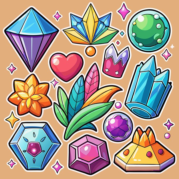 Colorful cartoon stickers with gems crystals and hearts